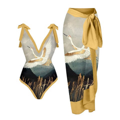 Tie-Strap V-Neck One-Piece Swimsuit with Matching Sarong Set