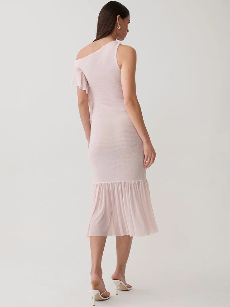 Asymmetrical one shoulder midi dress front detail