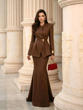 Brown blazer and mermaid skirt set, front view