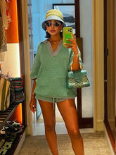Green and blue striped knit collared short-sleeve top and matching pull-on shorts set