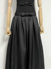 Black Strapless Bow Detail Pleated Maxi Dress