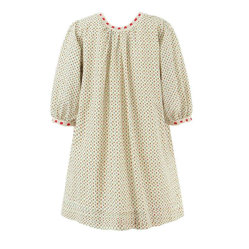 Back view of an A-line mini dress with O-neck and puff sleeves.