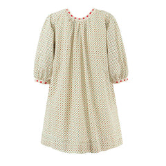 Back view of an A-line mini dress with O-neck and puff sleeves.