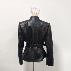 Black leather jacket on a mannequin with a white background