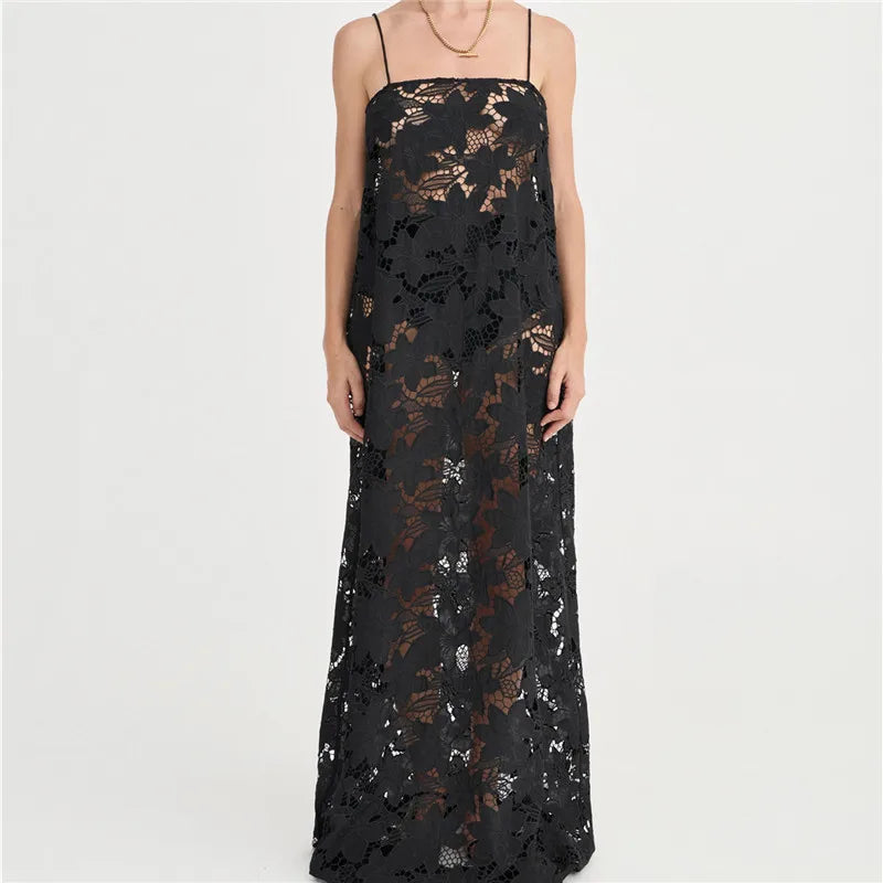 Black floral lace maxi dress with spaghetti straps on a white background