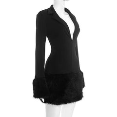 Black Fur-Trim Mini Blazer Dress with Deep V Neck