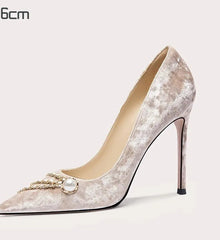 Pearl Chain Corduroy Heels | Pointed Party Stiletto Pumps