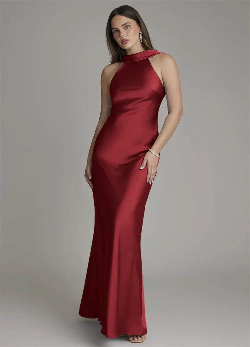 Red halter neck sleeveless satin maxi gown