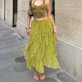 Flowing ruffled asymmetric hem maxi skirt