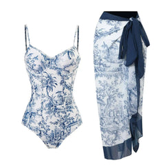 Tie-Strap V-Neck One-Piece Swimsuit with Matching Sarong Set