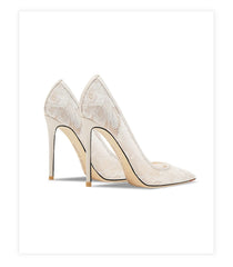 Pair of high-heeled shoes with lace detailing on a white background