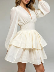 V-Neck Puff Sleeve Tiered Mini Dress