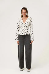 White Polka Dot Long Sleeve Button Satin Top
