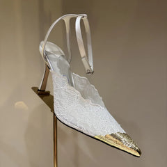 White lace pointed toe stiletto heel with ankle strap and gold toe cap
