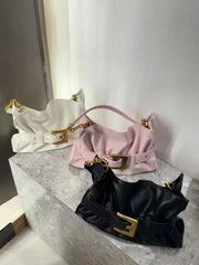 Ruched Microfiber Baguette Shoulder Bag – Black, Ivory & Blush Pink