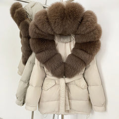 Beige puffer jacket with brown fur hood