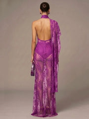Asymmetric Lace High Neck See-Through Drape Maxi Dress