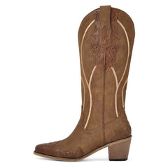 Brown cowboy boot with intricate design on a white background