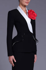 Side view of black peplum blazer with contrast lapel