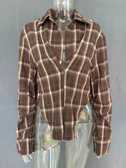 Plaid Draped Open-Neck Long Sleeve Crop Shirt