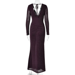 Sequin V-neck Ruched Detail Long Sleeve Maxi Dress