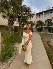 White One Shoulder Twisted Sleeve Midi Dress