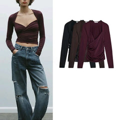 Long Sleeve V-neck Sold Drape Top