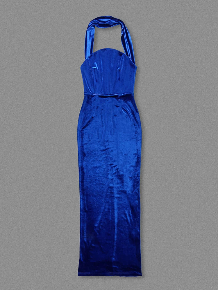 Blue satin halter neck dress on a gray background