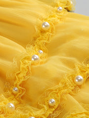 Yellow Ruffled Frill Hem Pearl Strapless Midi Dress
