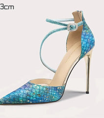Blue Crystal Ankle-Strap Heels | Gold Stiletto Party Sandals