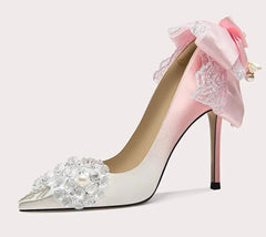 Pink Bow Crystal Stiletto Heels | Silk Butterfly-Knot Party Pumps