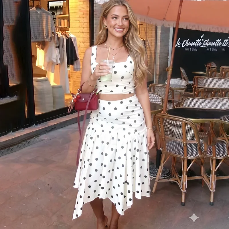 Woman wearing a white and black polka dot print sleeveless crop top and an asymmetrical midi skirt.