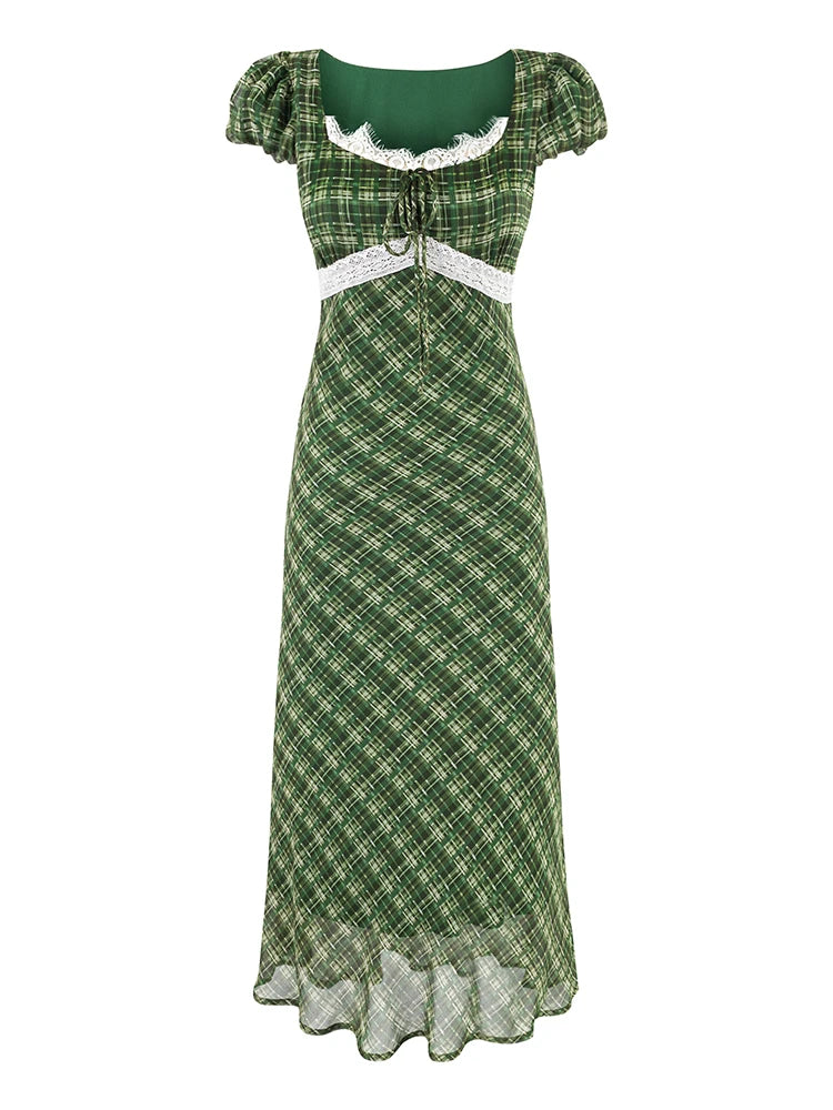 Green plaid midi dress with square neckline, puff sleeves, and lace trim