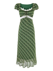 Green plaid midi dress with square neckline, puff sleeves, and lace trim