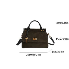 Brown handbag with measurements on a white background