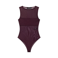 Maroon swimsuit with mesh panels on a white background