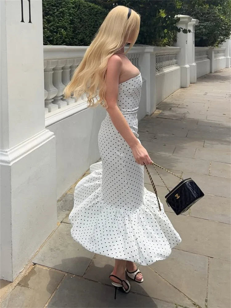 Polka dot strapless mermaid dress flow