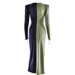 Two-tone dress with dark purple and light green on a white background