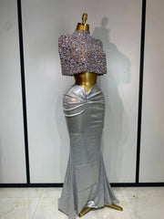 Sparkly Diamond Mock Neck Shawl Crop Top and Maxi Skirt Set