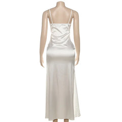 White satin dress on a mannequin against a white background