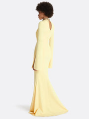 Side view of yellow maxi dress with cape sleeves and beaded neckline