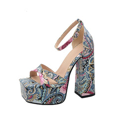 Floral Print Platform Block Heel Sandals