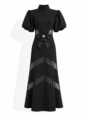 Black Lace Patchwork Puff Sleeve Maxi Dress