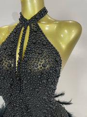 Beaded Feather Halter Sequin Mini Dress