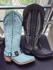 Pair of light blue and black embroidery buckle knee high boots