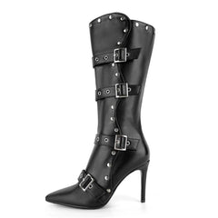 Pointed Toe Buckle Strap Faux Leather Stiletto Boots