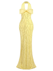 Yellow Halter Bow Beaded Sheath Maxi Dress