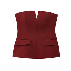 Red strapless top with a V-neckline