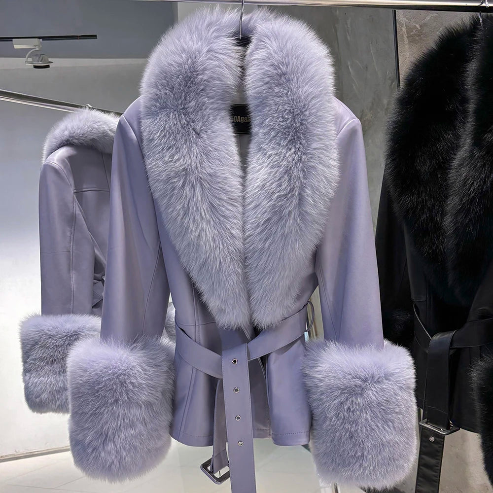 Light purple coat with fur collar and cuffs on a mannequin against a neutral background.