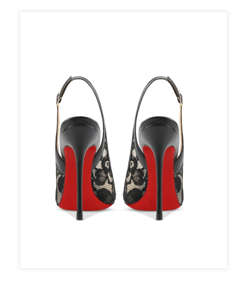 Black high-heeled shoes with red soles and floral patterns on a white background